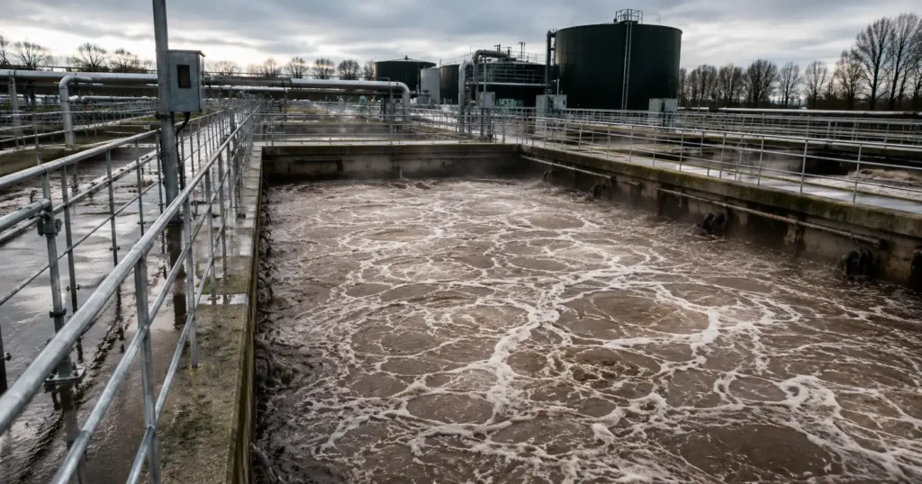 Aeration tank at a Dutch wastewater treatment plant with fine bubbles rising to the surface during biological treatment