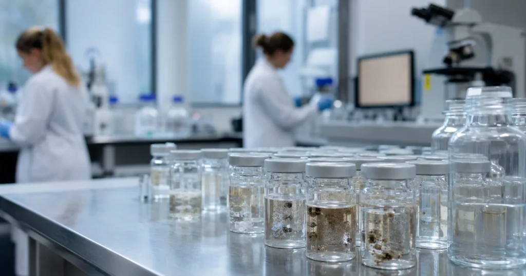 Researchers analysing wastewater samples in glass vials at a RIVM laboratory